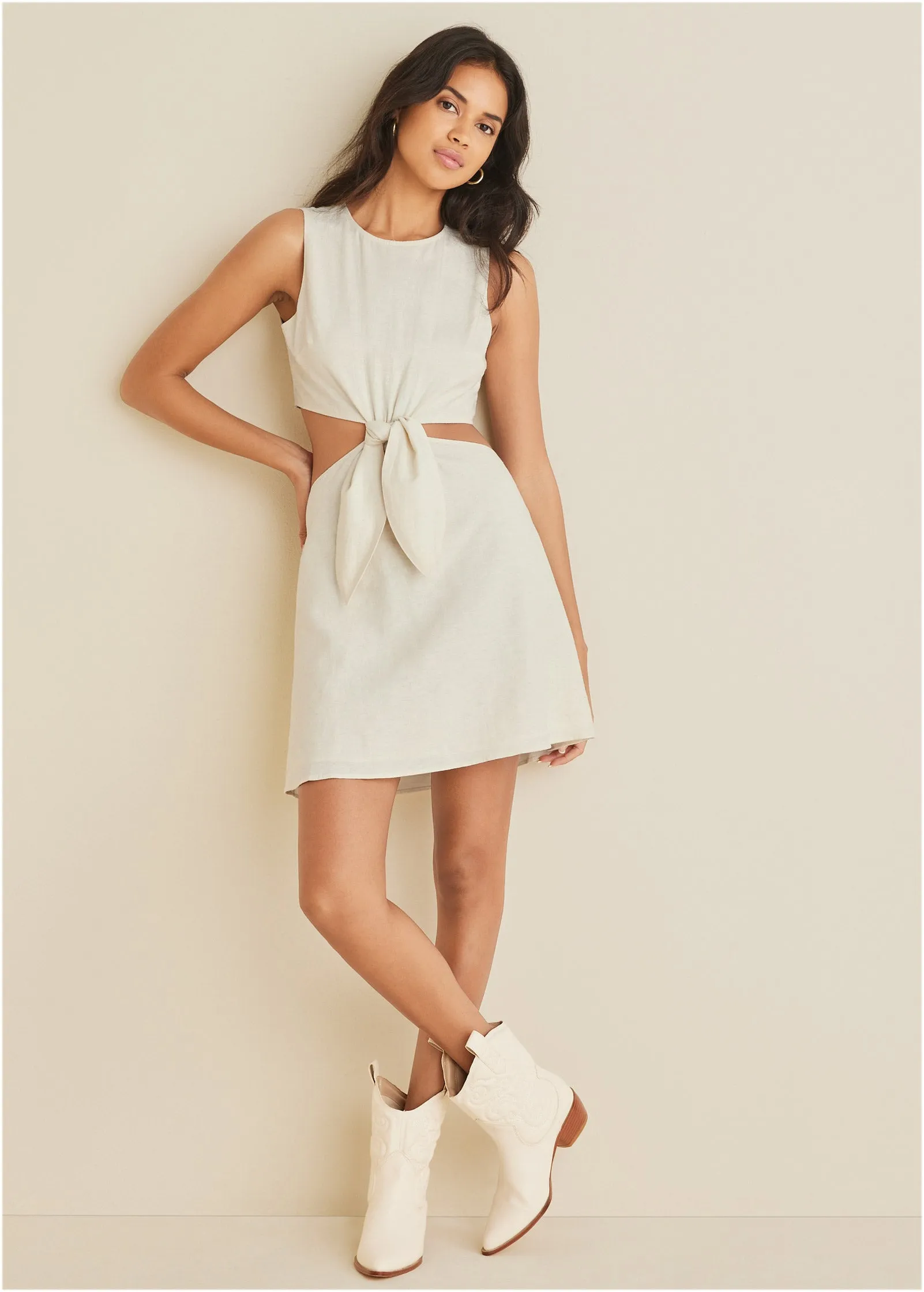 Linen Cutout Mini Dress - Cream sold by VENUS