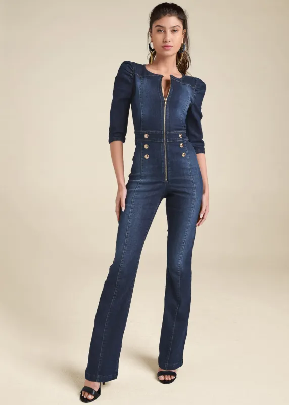 Denim Zip Jumpsuit - Dark Wash sold by VENUS