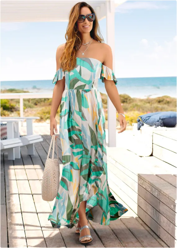 Off-The-Shoulder Maxi Dress - Beige Multi sold by VENUS