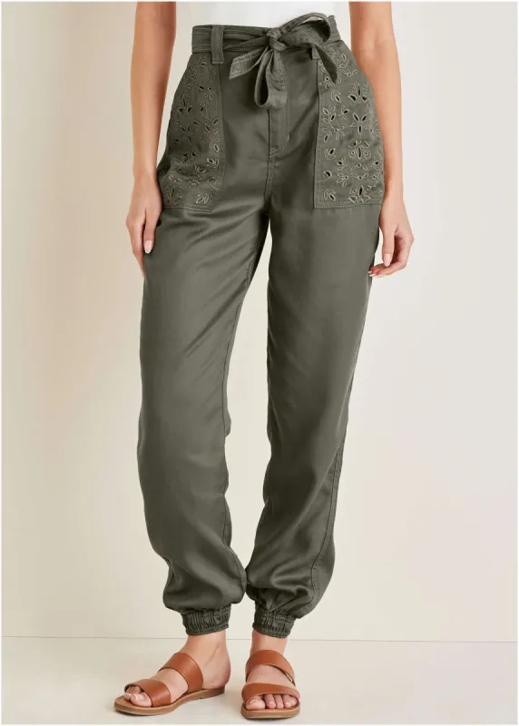 Twill and eyelet joggers  - Olive sold by VENUS