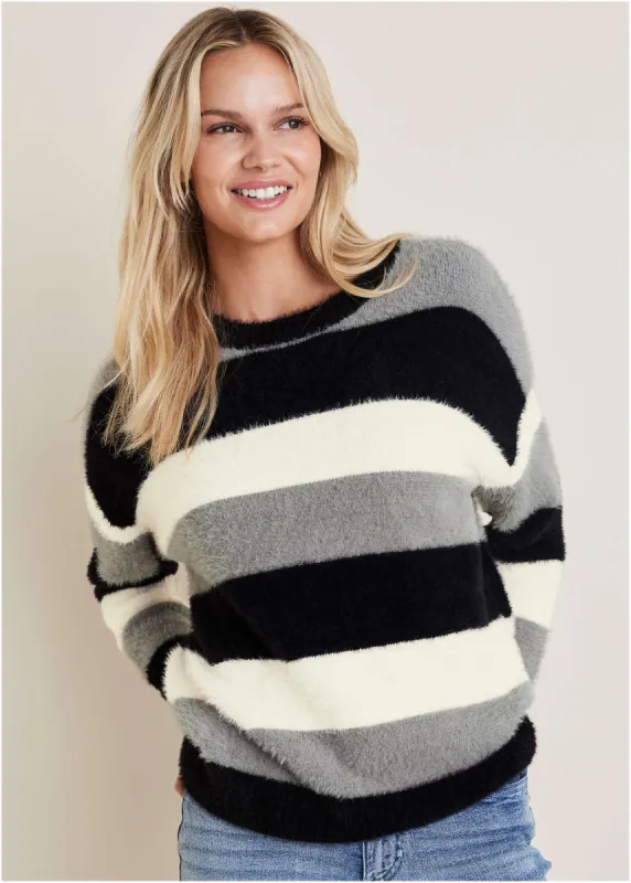 Eyelash Boatneck Sweater - Black, White, & Grey Stripe sold by VENUS