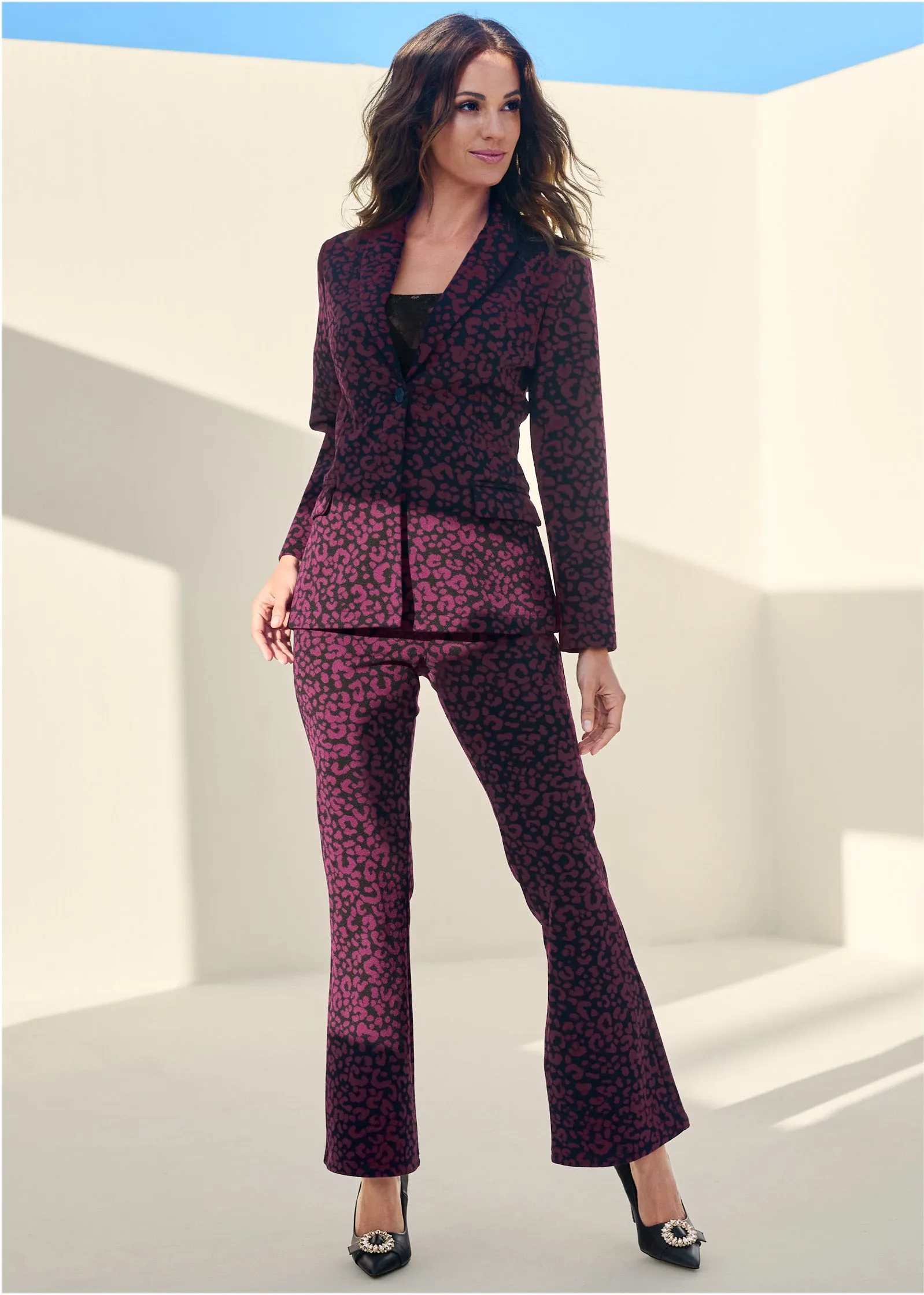 Leopard Kick Flare Suit Set - Wine sold by VENUS