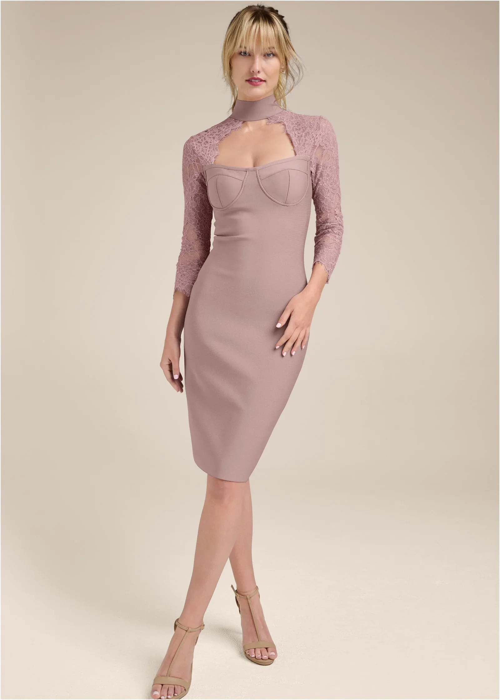 Lace Sleeve Bandage Dress - Tan sold by VENUS