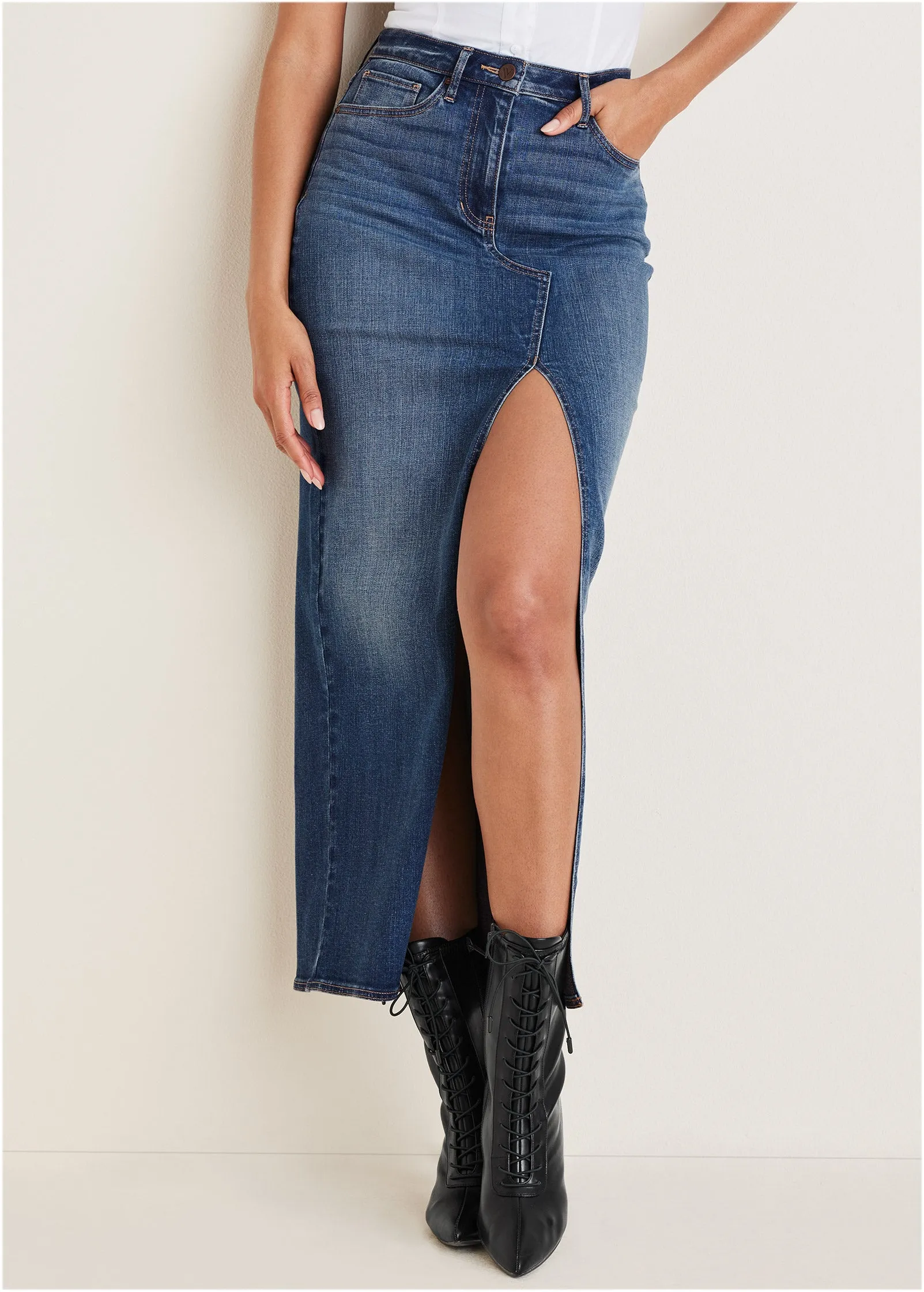 Denim Maxi Skirt - Medium Wash sold by VENUS