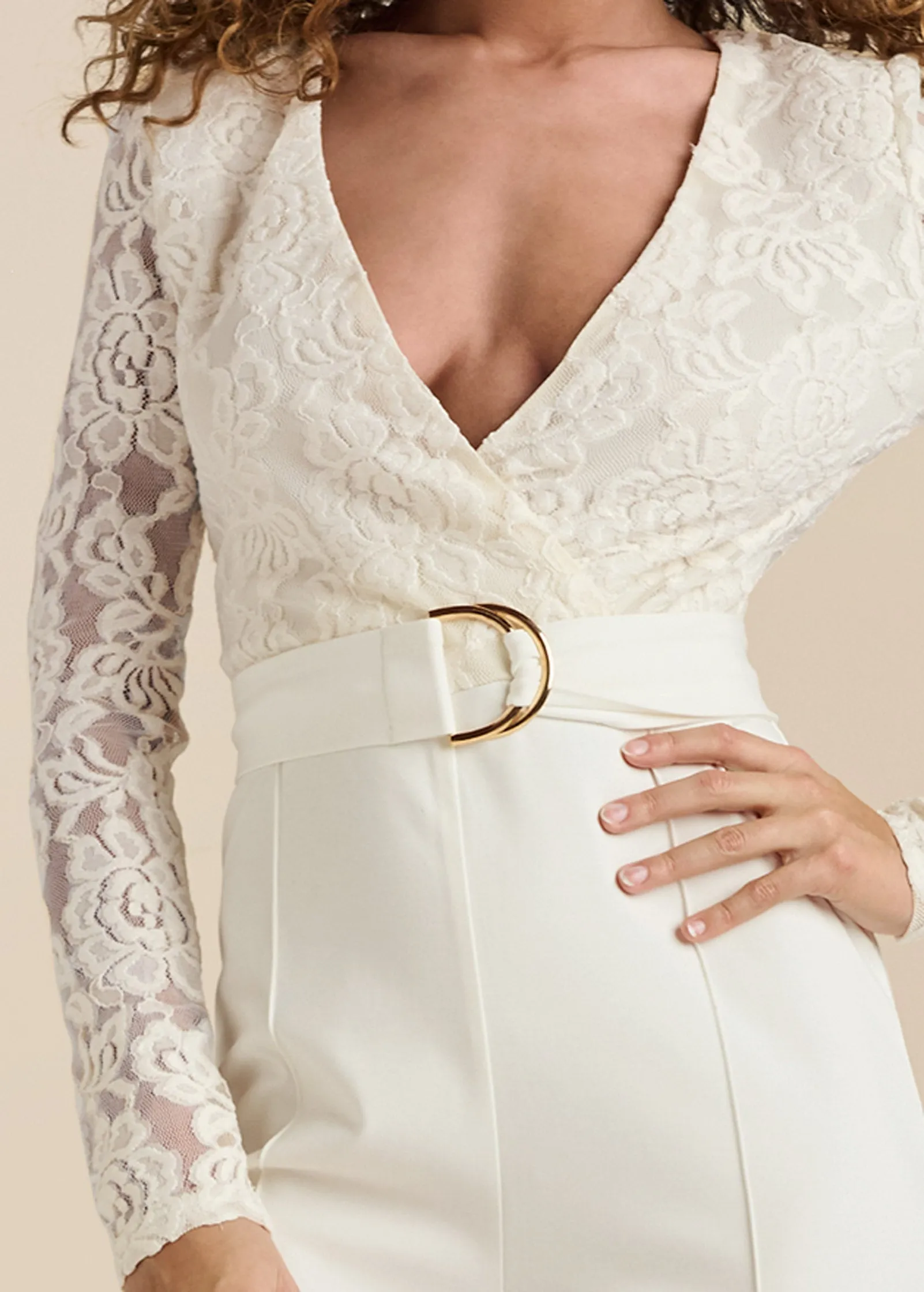 Lace V-Neck Belted Jumpsuit - White sold by VENUS product image thumbnail 3