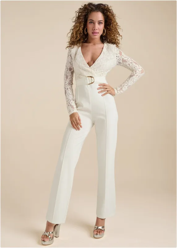 Lace V-Neck Belted Jumpsuit - White sold by VENUS