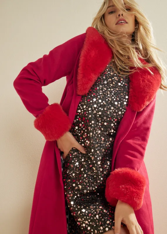 Faux Wool A-Line Glam Coat - Red sold by VENUS