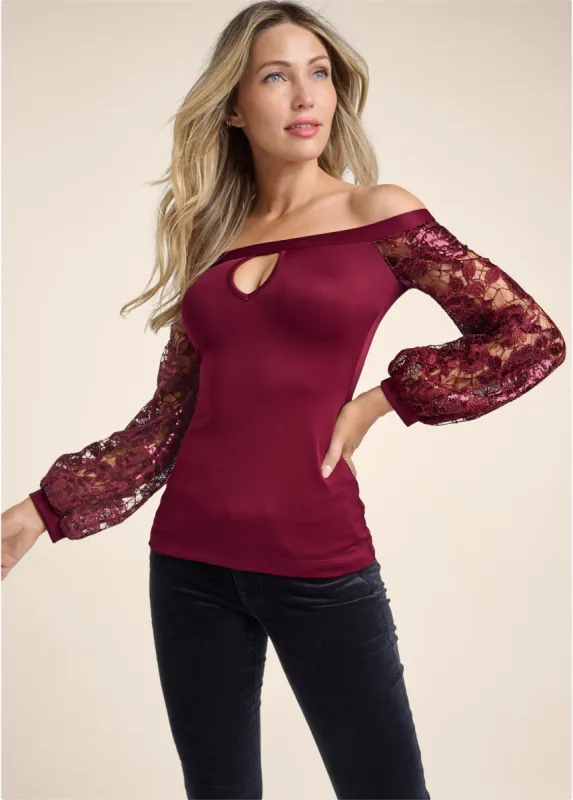 Embellished Lace Sleeve Top - Burgundy sold by VENUS