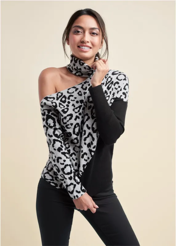 Leoprd Print One Shoulder Sweater - Grey & Black sold by VENUS