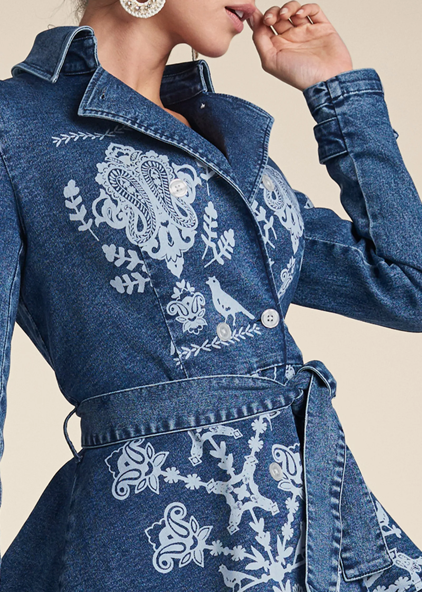 Printed High Low Denim Trench Coat - Indigo Blue sold by VENUS product image thumbnail 4