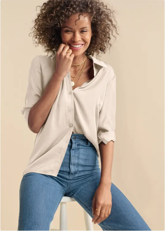 Soft Button-Down Blouse - Off White sold by VENUS