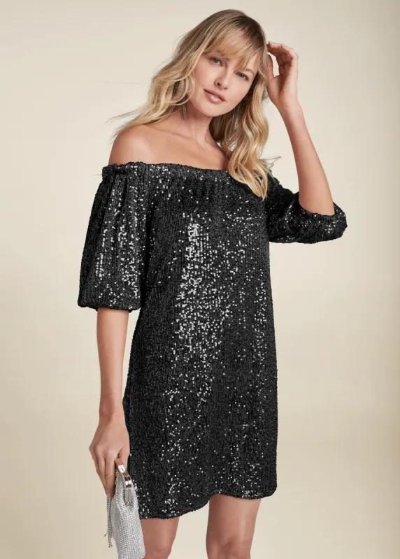 Sequin Off-The-Shoulder Dress - Black sold by VENUS