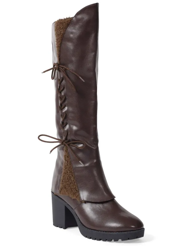 Sherpa Lace-Up Calf Boots - Dark Brown sold by VENUS