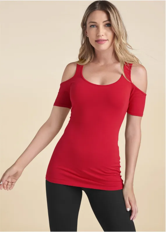 Long And Lean Cold-Shoulder Top - Red sold by VENUS
