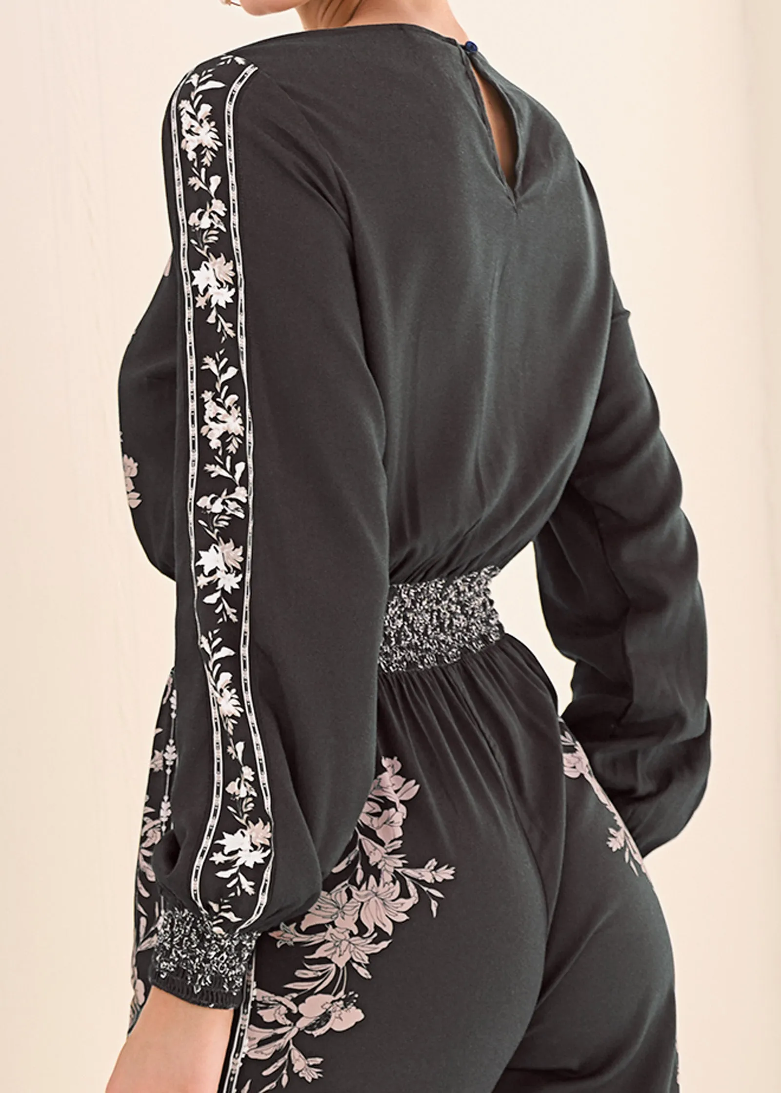 Leaf Print Smocked Jumpsuit - Black Multi sold by VENUS product image thumbnail 4