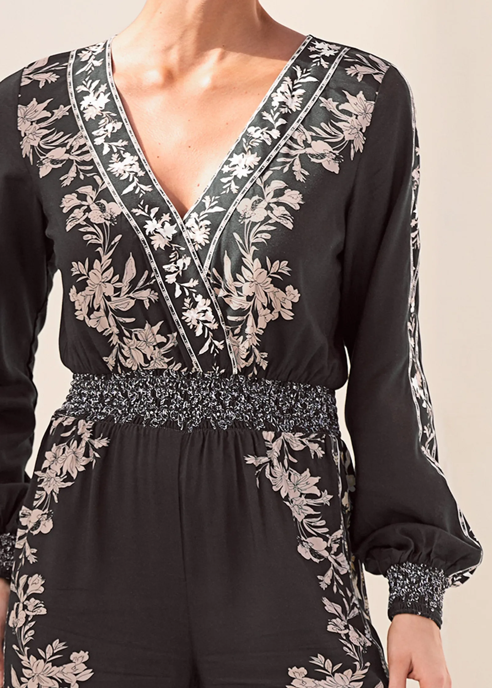 Leaf Print Smocked Jumpsuit - Black Multi sold by VENUS product image thumbnail 3