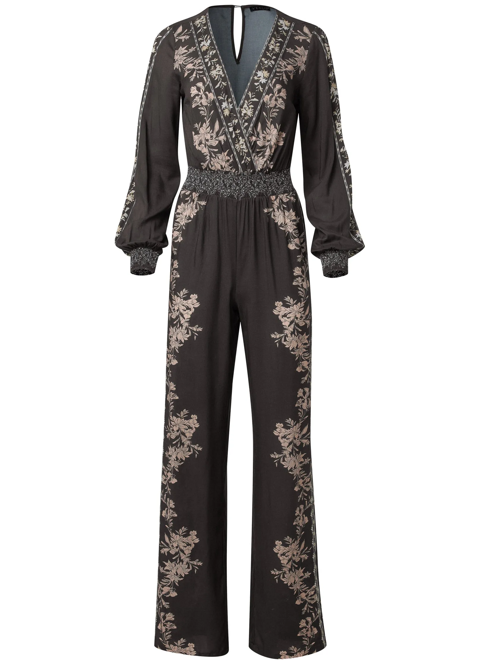 Leaf Print Smocked Jumpsuit - Black Multi sold by VENUS product image thumbnail 5