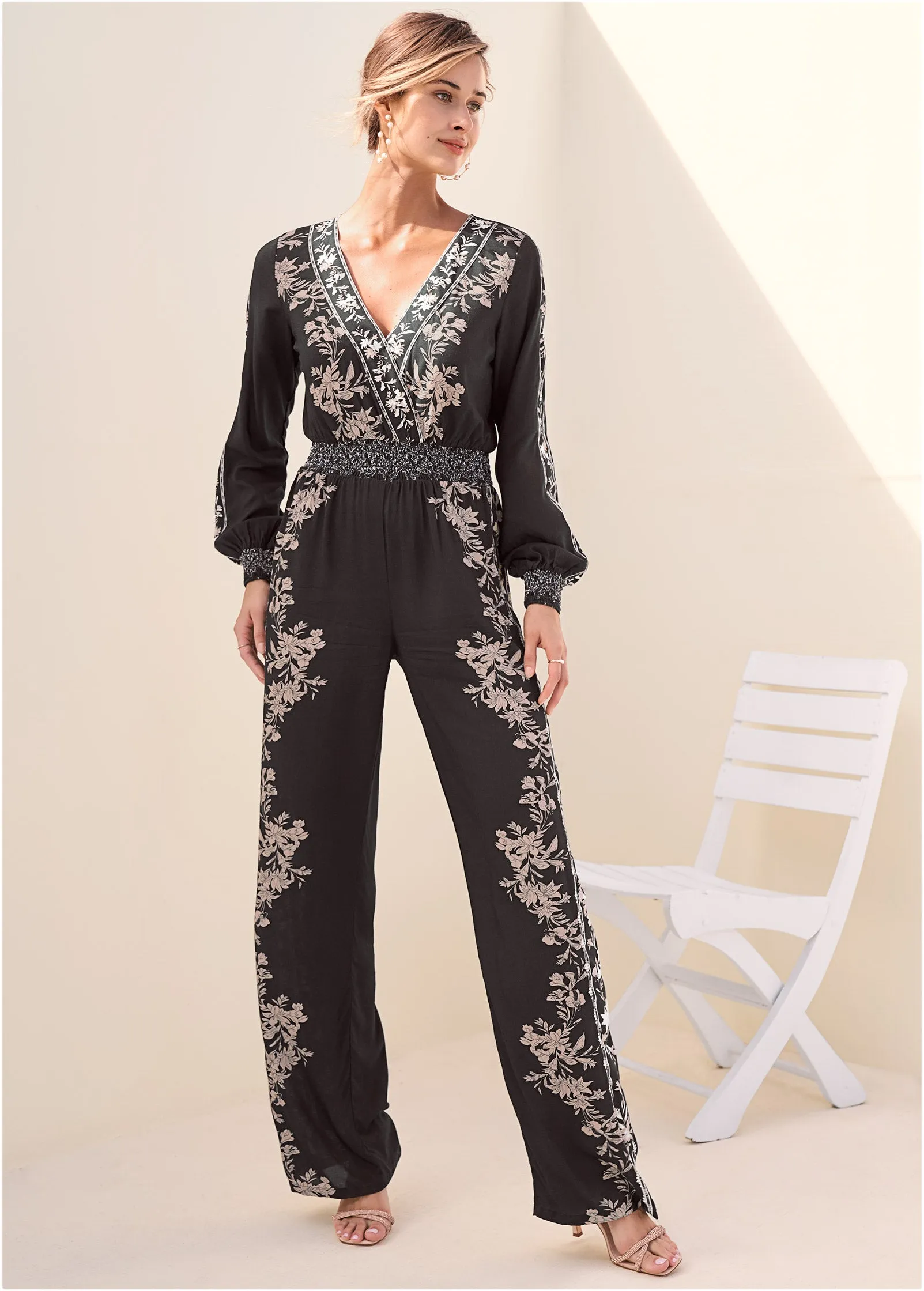 Leaf Print Smocked Jumpsuit - Black Multi sold by VENUS