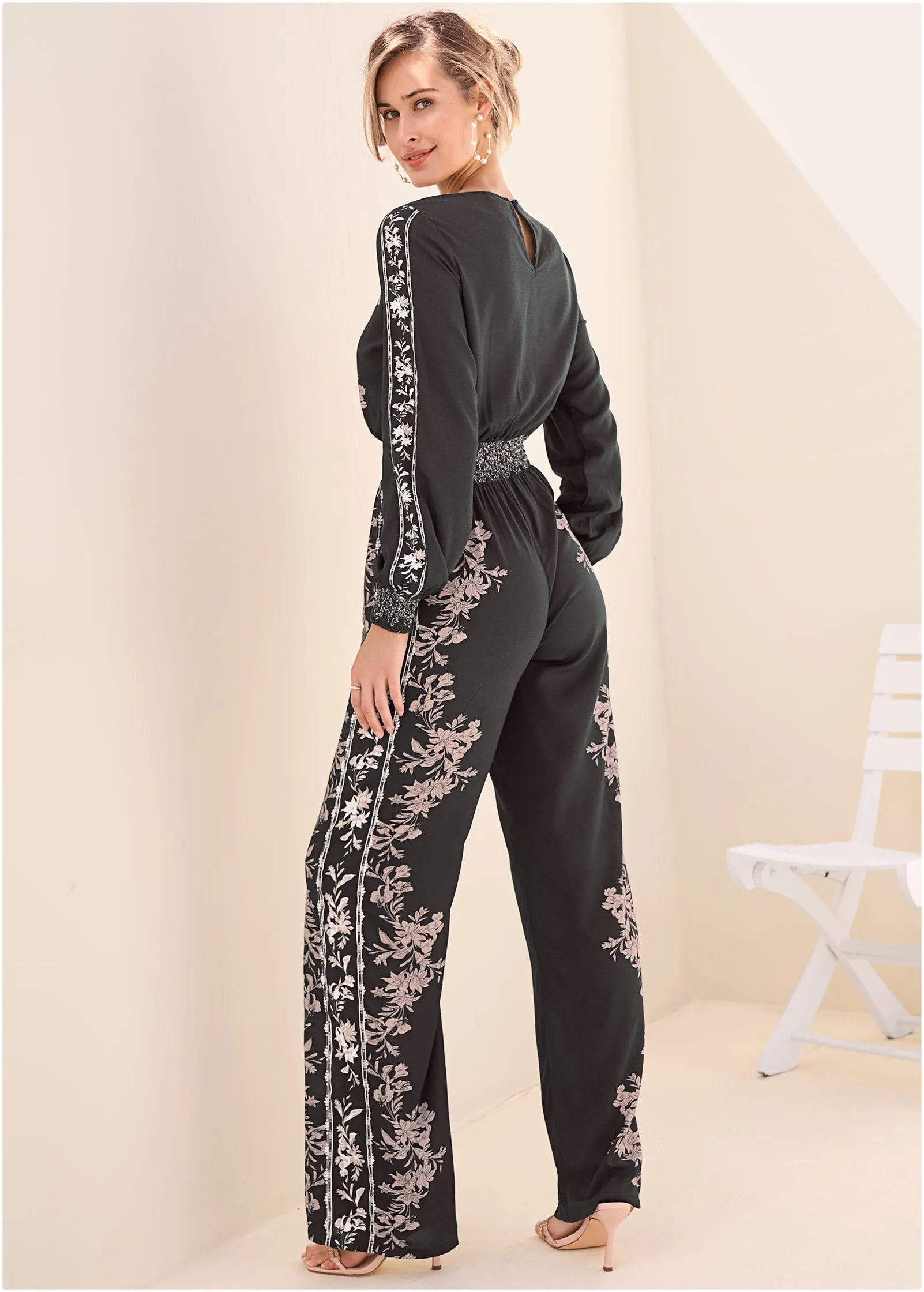 Leaf Print Smocked Jumpsuit - Black Multi sold by VENUS product image thumbnail 2