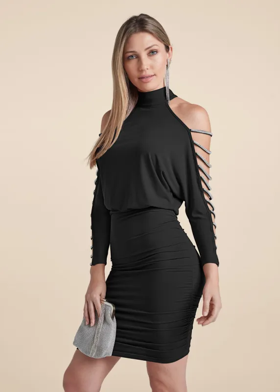 Embellished Cold-Shoulder Dress  - Black sold by VENUS