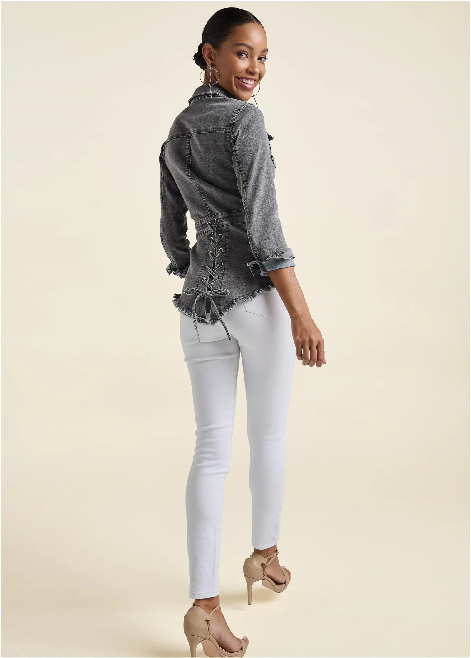 Lace-Up Back Denim Top - Grey Multi sold by VENUS product image thumbnail 2