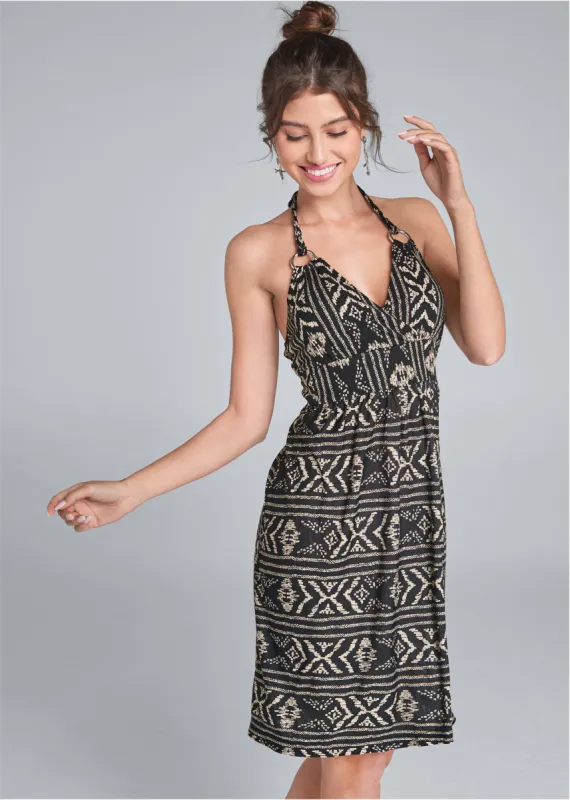 Printed Halter Tie Dress - Black Multi sold by VENUS