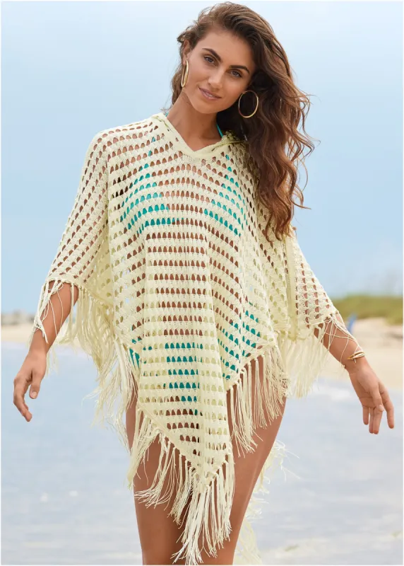 Exotic Fringe Poncho Hoodie - Cream sold by VENUS