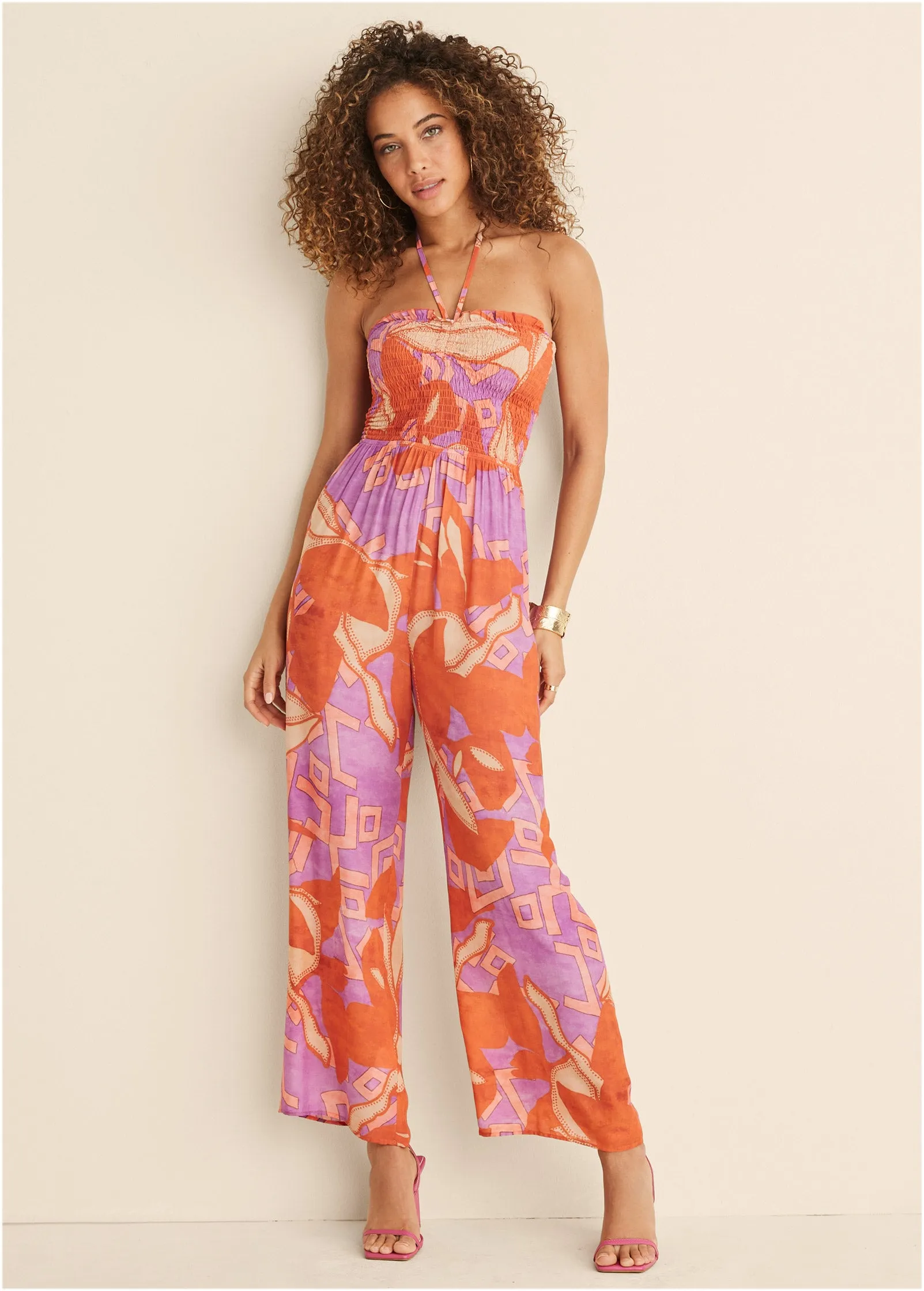 Smocked Printed Jumpsuit - Orange Multi sold by VENUS