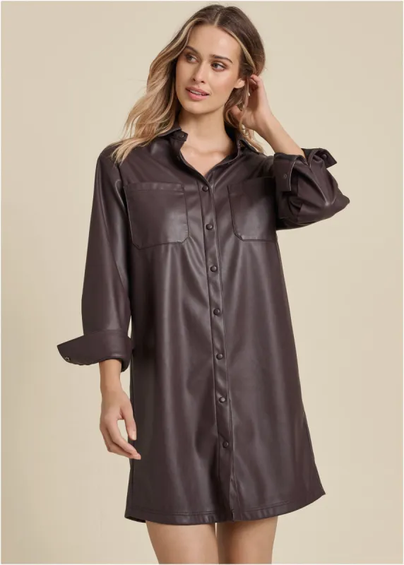 Faux Leather Shirt Dress - Dark Brown sold by VENUS