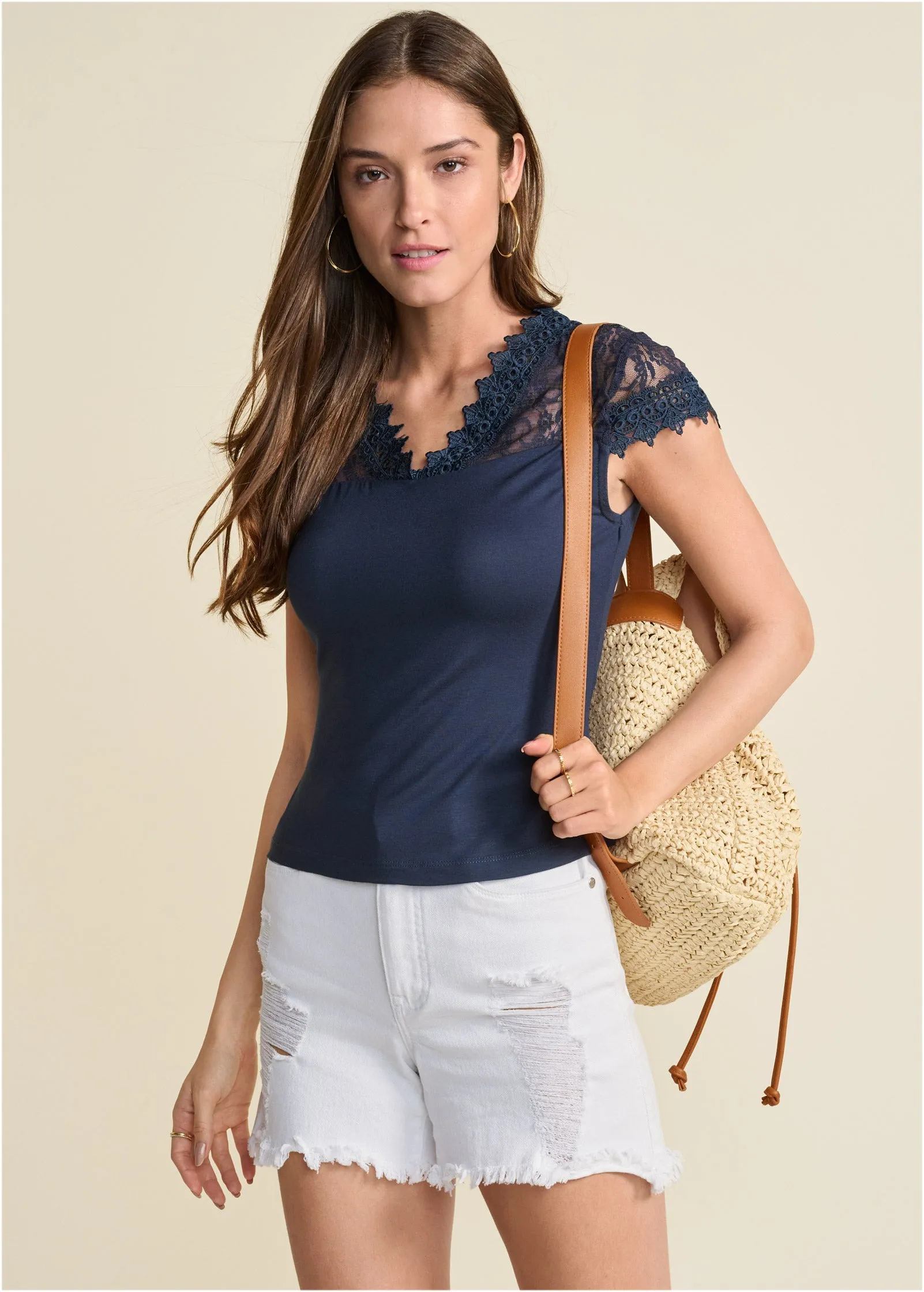 Lace Detail Tee - Navy sold by VENUS