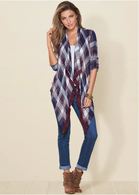 Plaid And Fringe Cardigan - Navy Multi made by VENUS