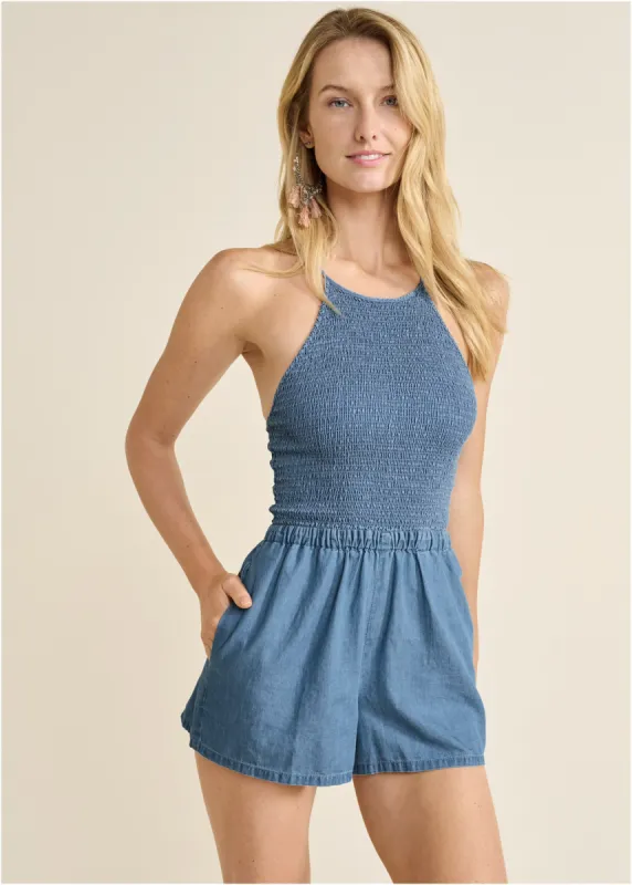Smocked Chambray Romper - Medium Wash sold by VENUS
