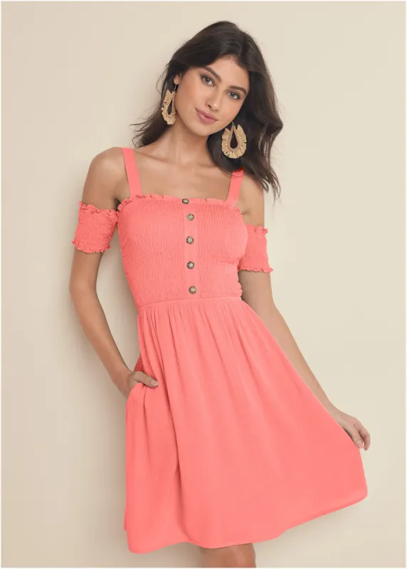 Smocked A-Line Mini Dress - Coral sold by VENUS