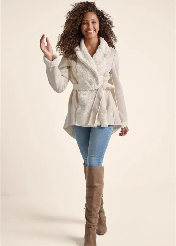 Reversible Faux Suede/Sherpa Coat - Cream sold by VENUS