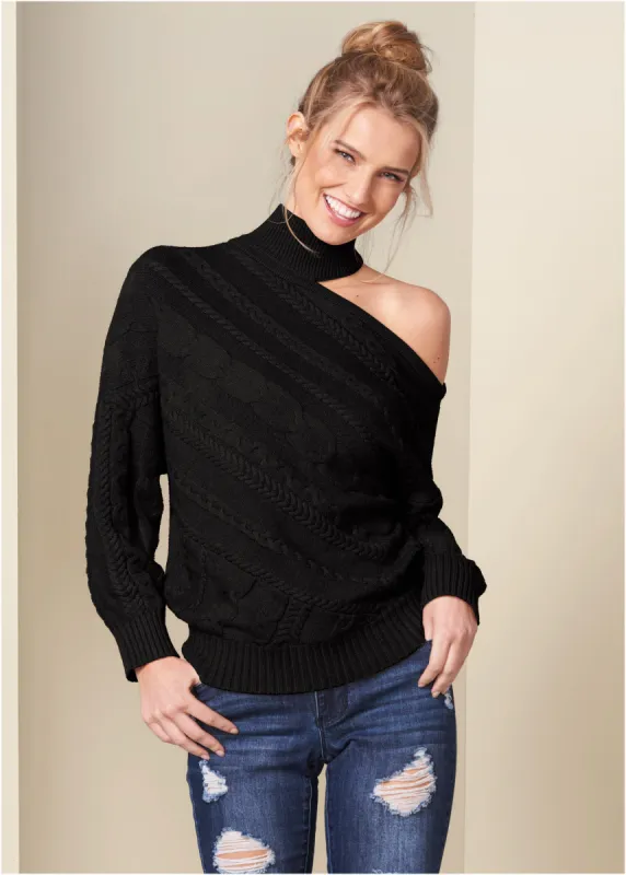 One-Shoulder Turtleneck Sweater - Black sold by VENUS