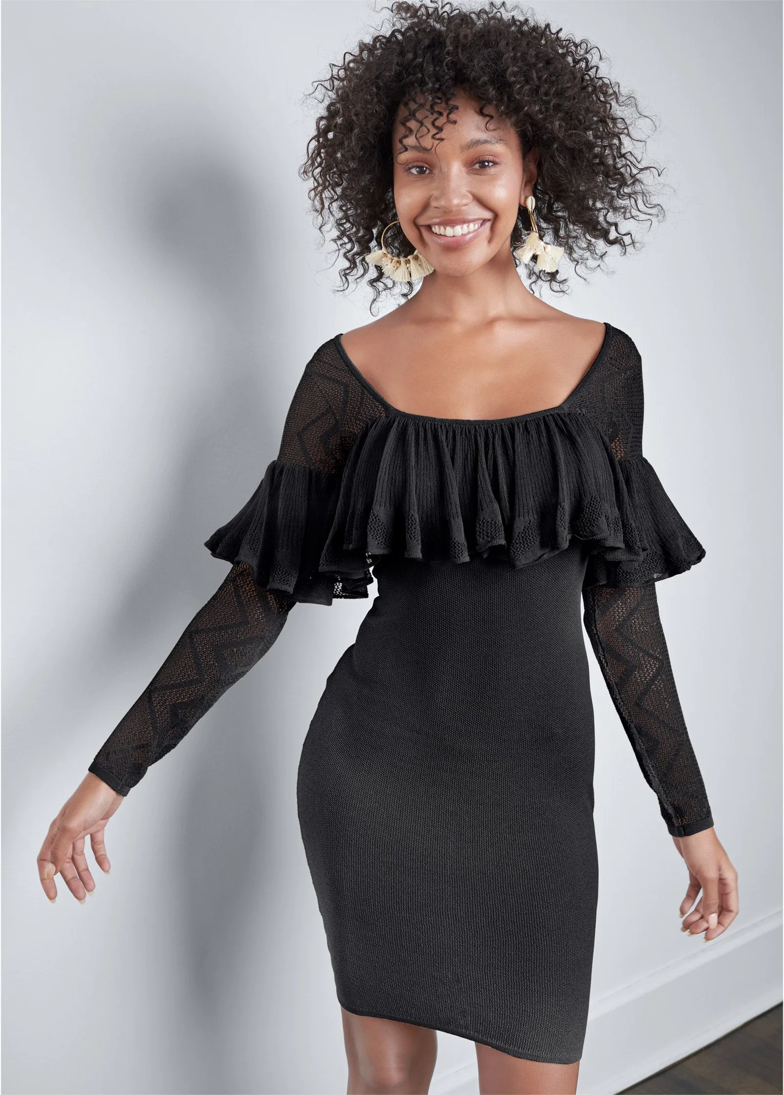 Ruffle Sweater Dress - Black sold by VENUS