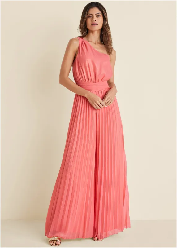 Gold Foil Pleated Jumpsuit - Coral made by VENUS