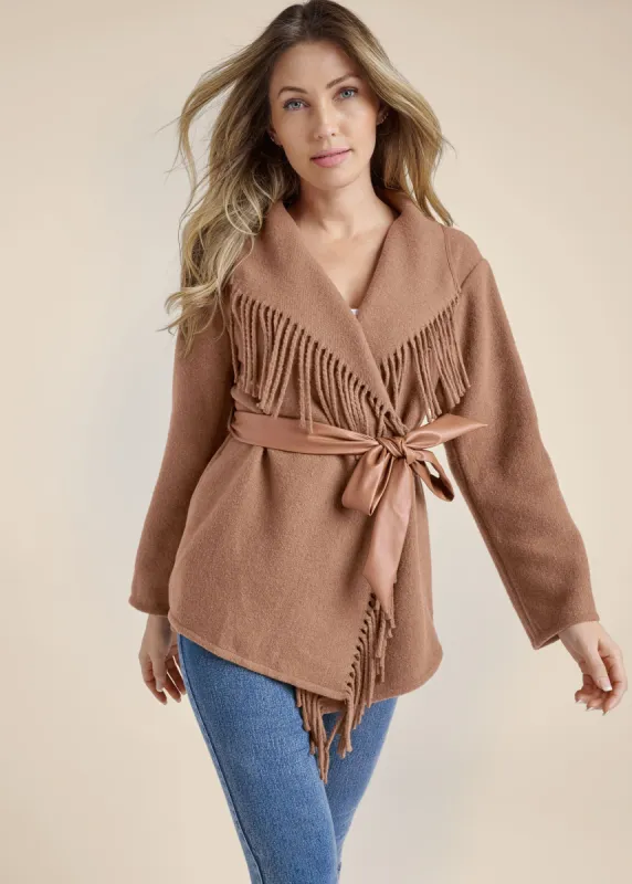 Belted Fringe Coat - Camel sold by VENUS