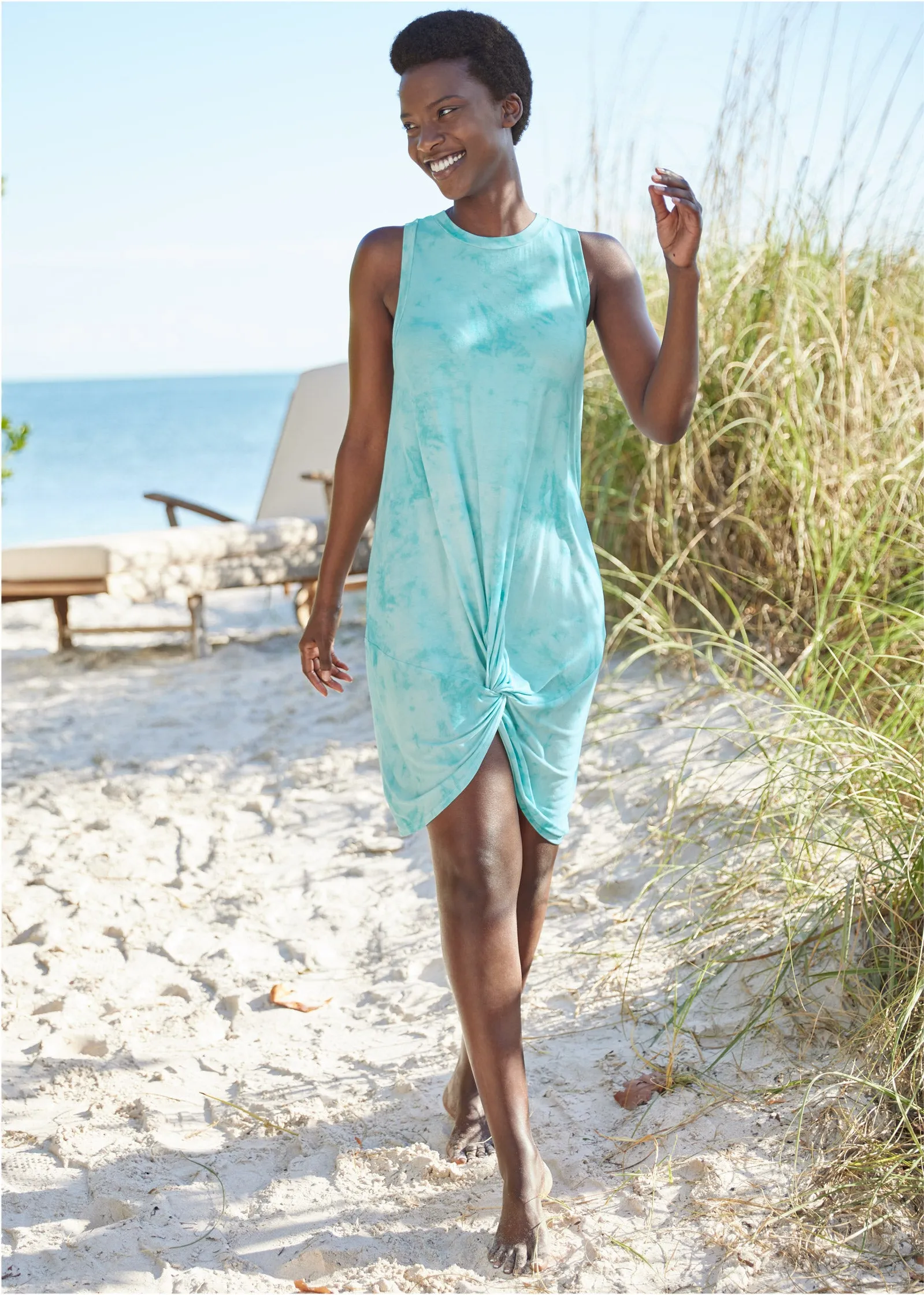Twist Front Cover-Up Dress - Aqua Reef & Pearl White sold by VENUS
