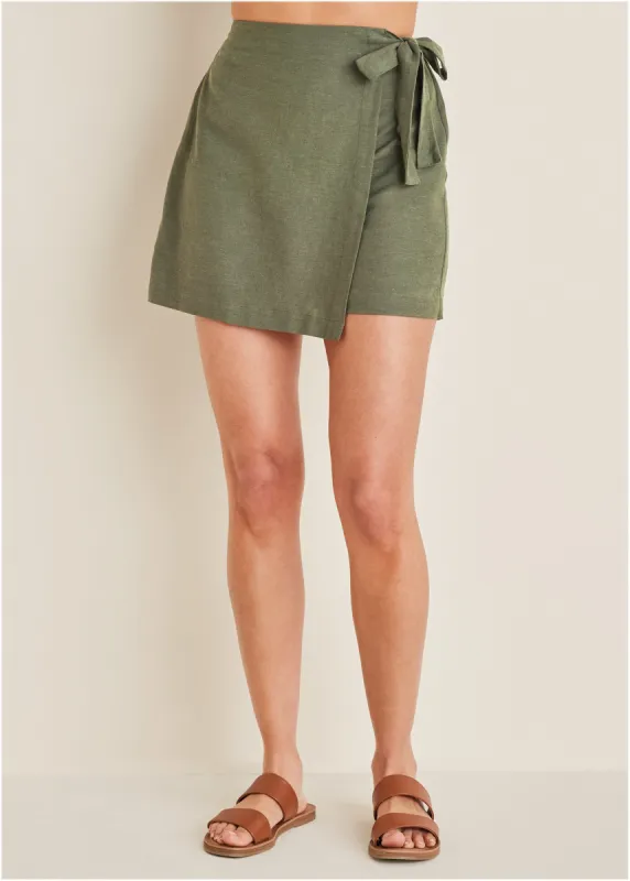 Wrap Linen Skort - Olive sold by VENUS