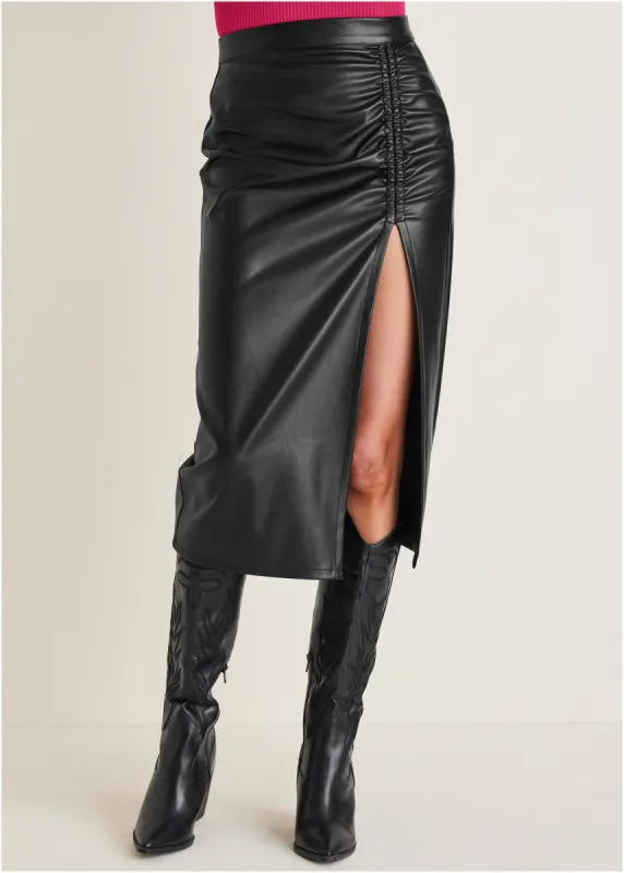 Faux leather slit skirt - Black sold by VENUS