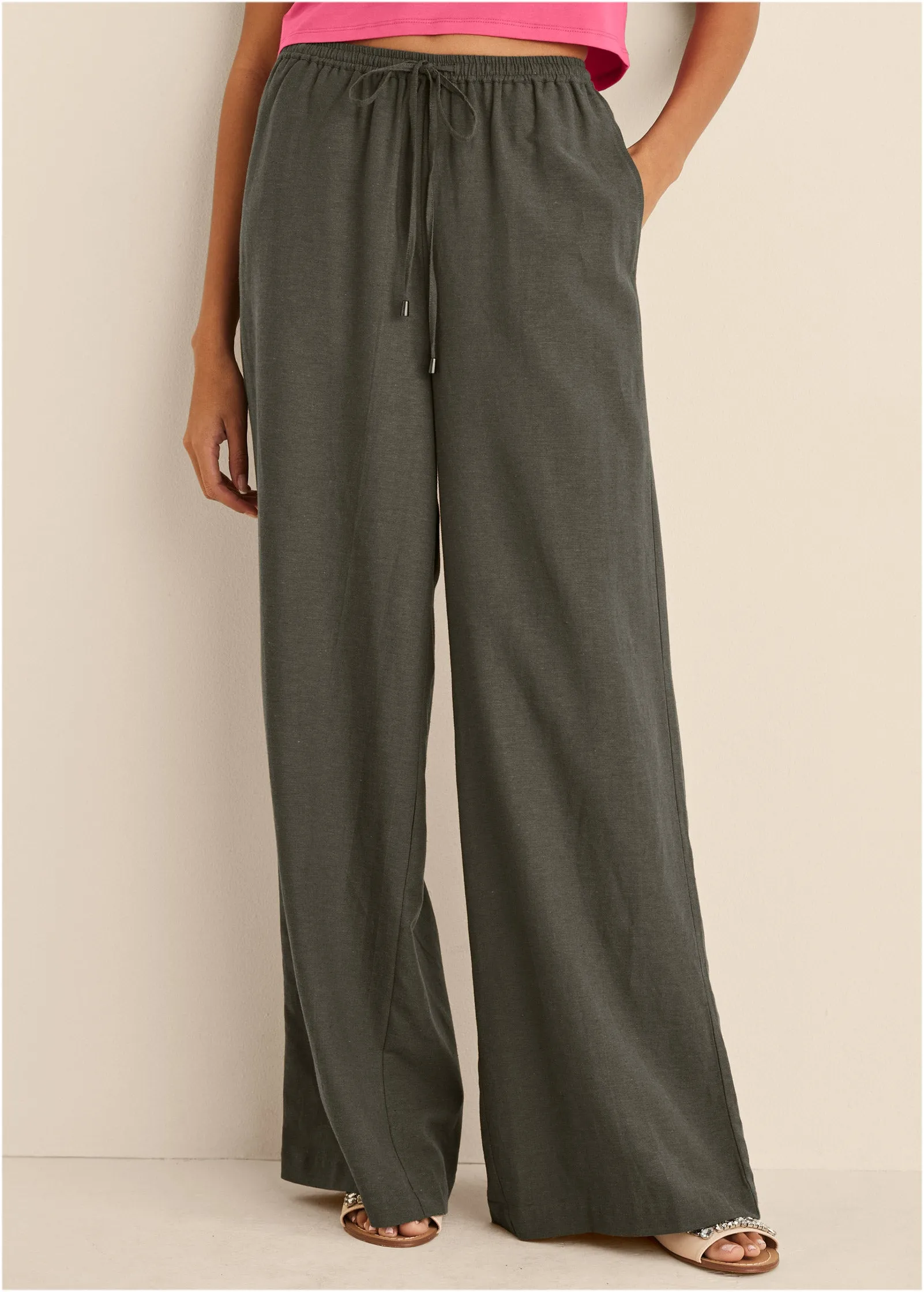 Cotton Linen Wide Leg Pants - Olive sold by VENUS