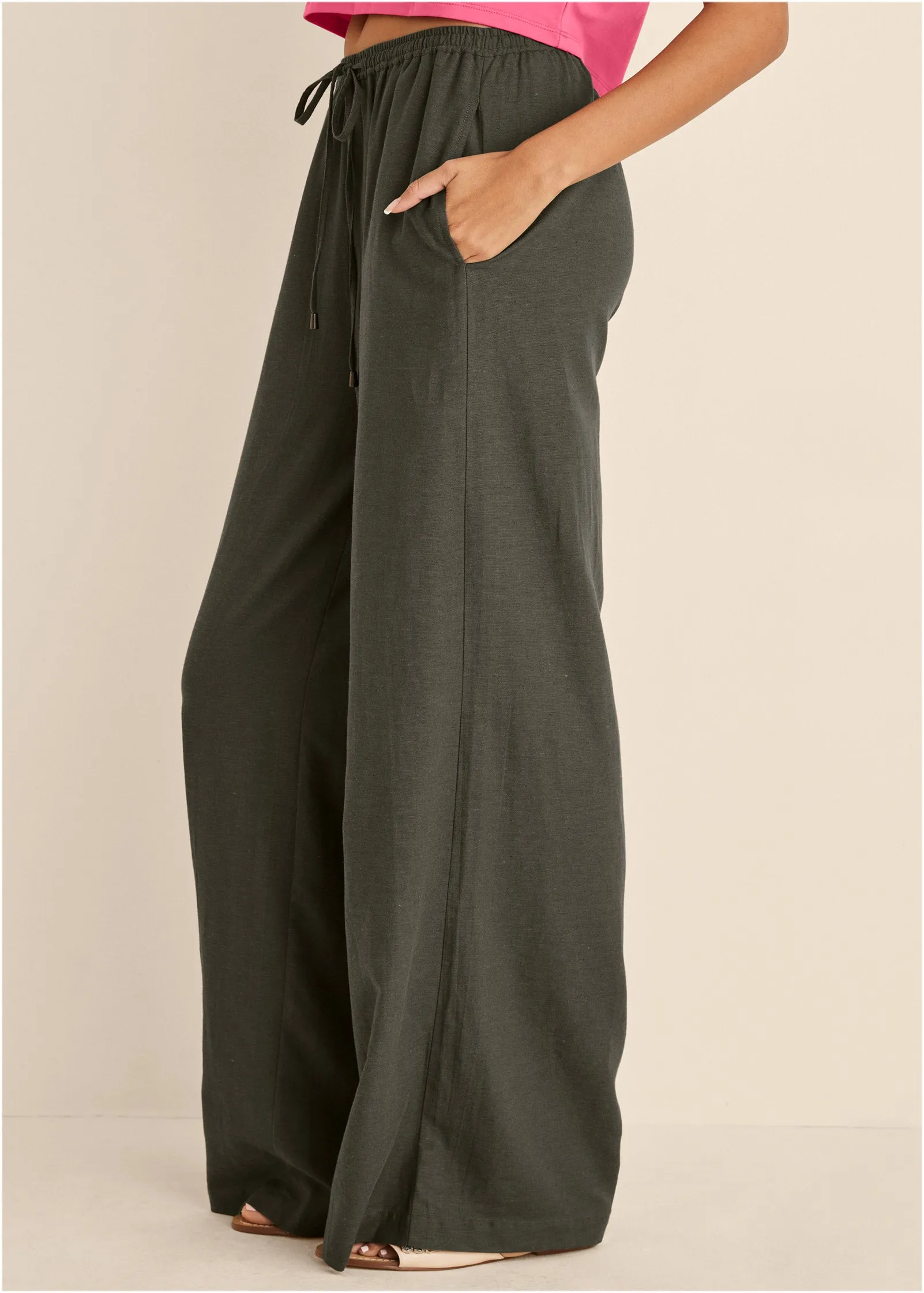 Cotton Linen Wide Leg Pants - Olive sold by VENUS product image thumbnail 3