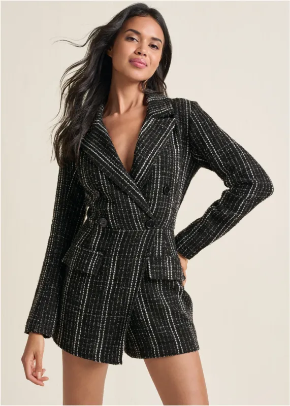 Tweed Button Detail Romper - Black Multi sold by VENUS