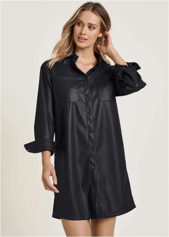 Faux Leather Shirt Dress - Black sold by VENUS