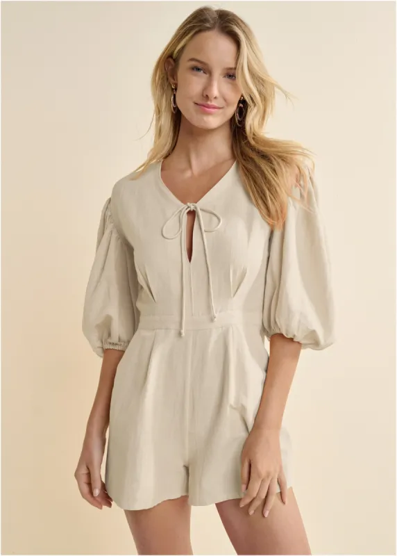 Linen Balloon Sleeve Romper - Natural sold by VENUS