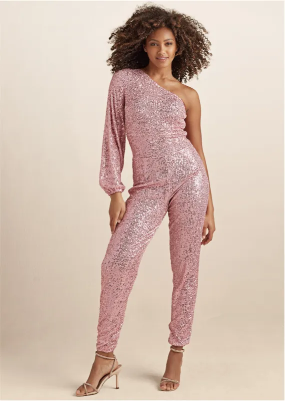 Sequin One-Shoulder Jumpsuit - Peach sold by VENUS