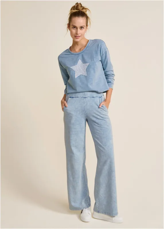 Stone Wash Sequin Pant Set - Blue & White sold by VENUS