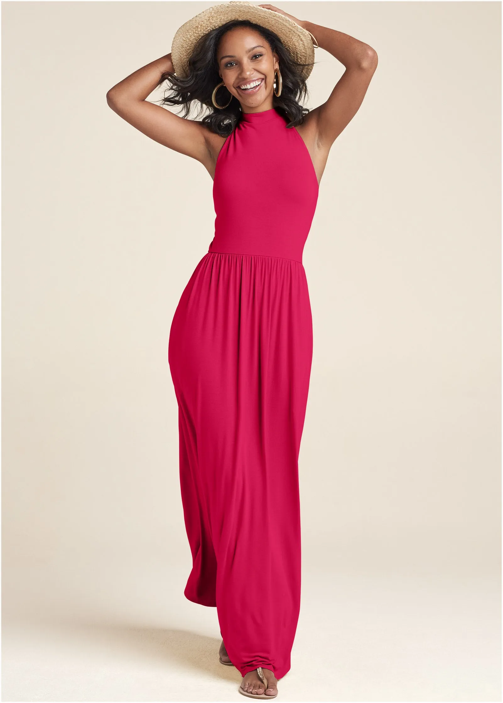 High Neck Maxi Dress - Dark Pink sold by VENUS