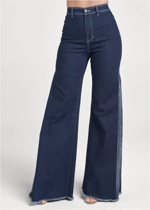 Wide Leg Frayed Flare Jeans - Dark Wash sold by VENUS